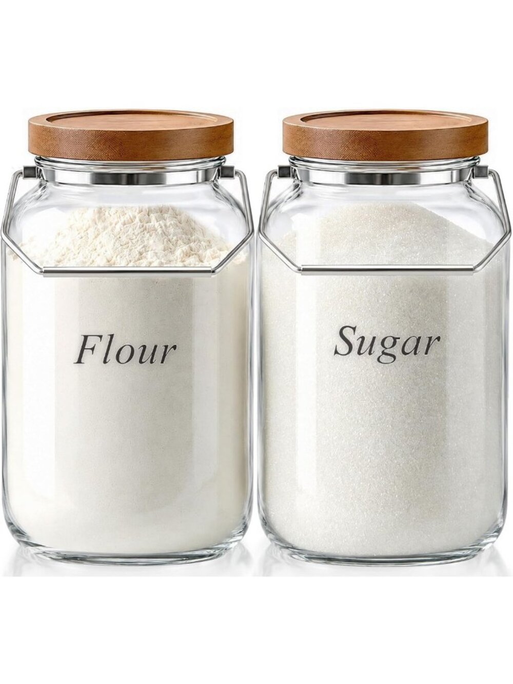 Stylish Glass Storage Containers for Flour & Sugar with Wooden Lid & Handle